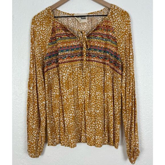 Savanna Jane Marigold Leopard Print Embroidered Long Sleeve Top Size Large - Picture 3 of 6